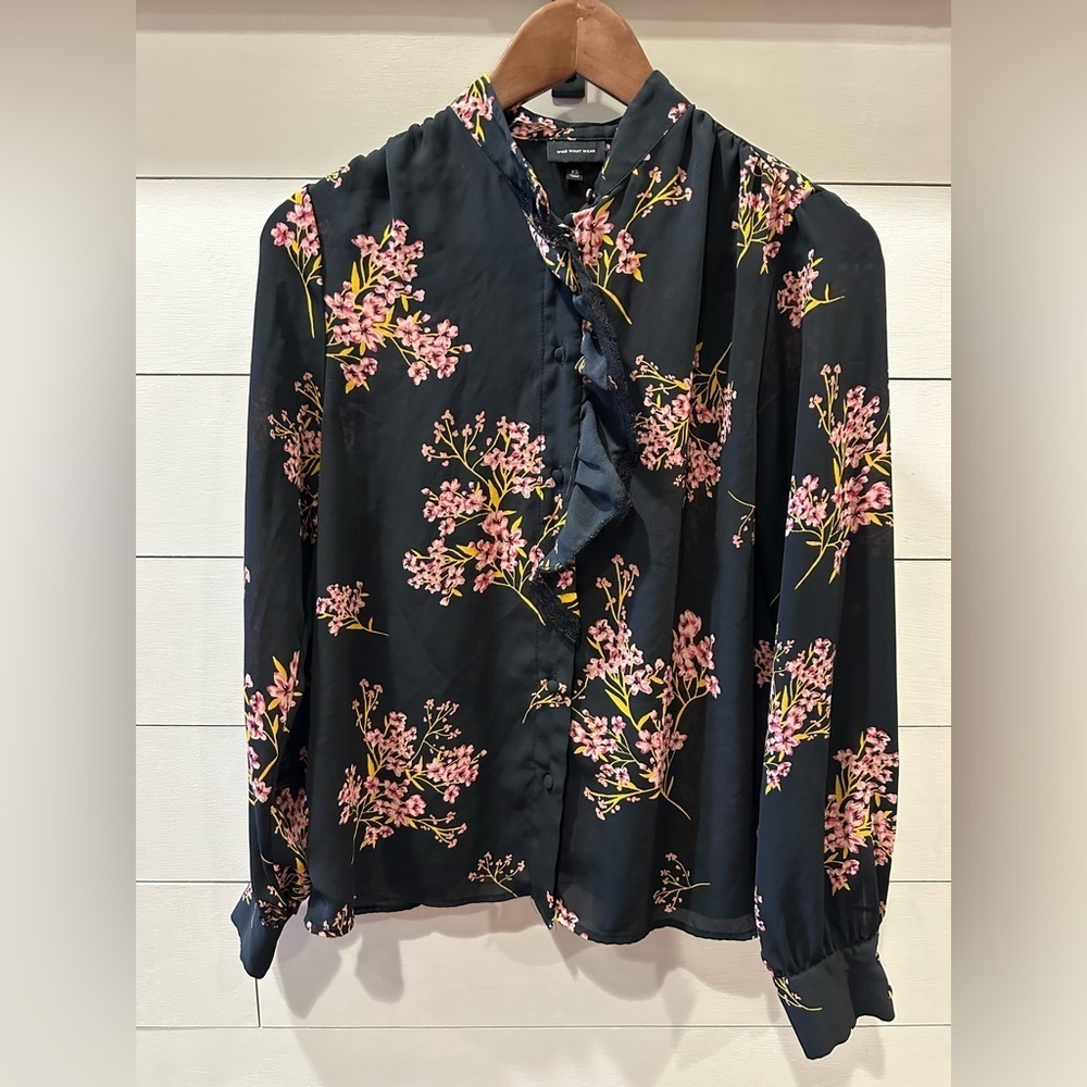 Who What Wear Black Blouse with Pink Floral Pattern- size X-Small